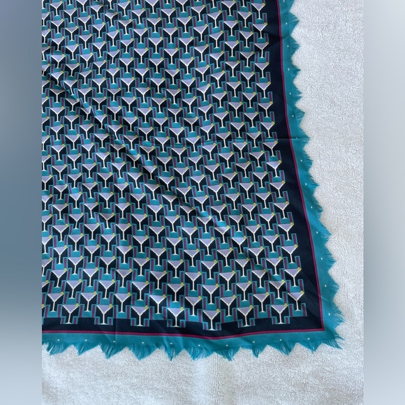 Tory Burch Martini Glass Art Deco Silk Neckerchief Square Scarf - 18” X 18” 💙🩵 - Picture 15 of 16